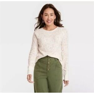 Chic KNOX ROSE White & Peach Animal Print Thermal‎ Top – NWT, Size L!